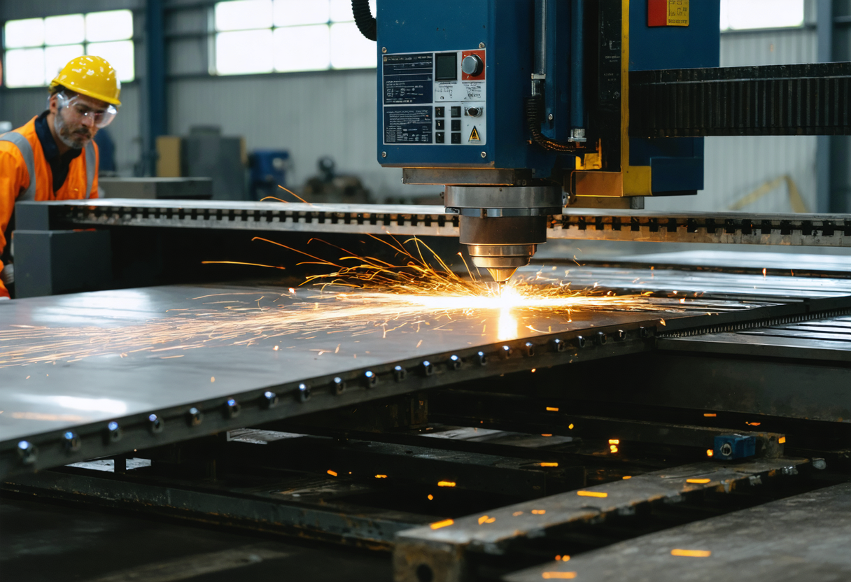 A laser cutting machine at work in an industrial setting, with an operator overseeing the process as sparks fly from the cutting point on a large metal sheet.
