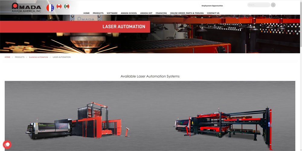 Amada Laser Automation - Homepage Overview Homepage of Amada America, showcasing laser automation systems for industrial applications