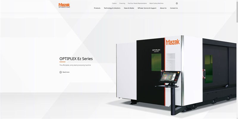 Mazak website homepage showcasing the OPTIPLEX Ez Series laser processing machine