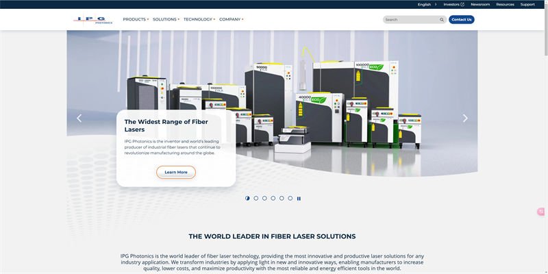 Homepage of IPG Photonics featuring their range of fiber lasers