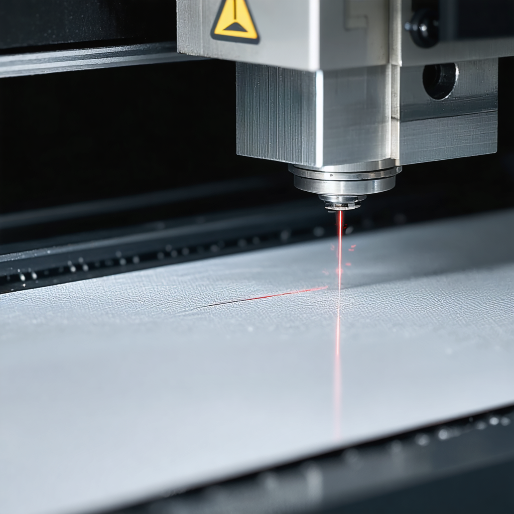 A laser cutter with a guide laser projecting a red line across a metal sheet, ready to make precision cuts.