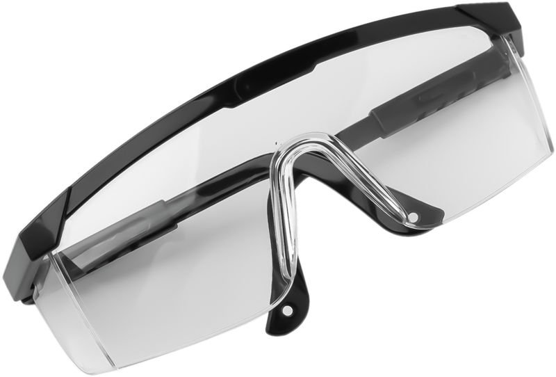 A pair of transparent laser safety glasses with a black upper frame and a lightweight design.
