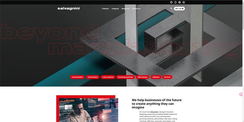 Salvagnini homepage banner featuring a 3D geometric structure and the slogan "Beyond Manufacturing".