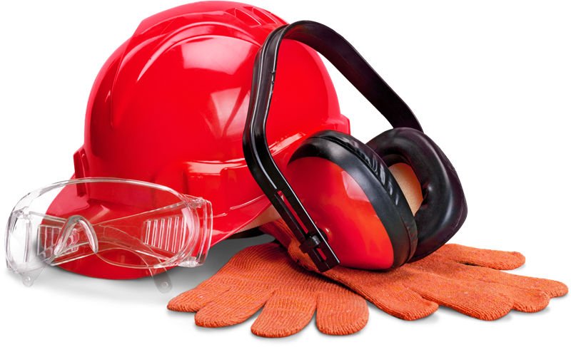 A red safety helmet, transparent safety goggles, black and red earmuffs, and orange work gloves on a white background