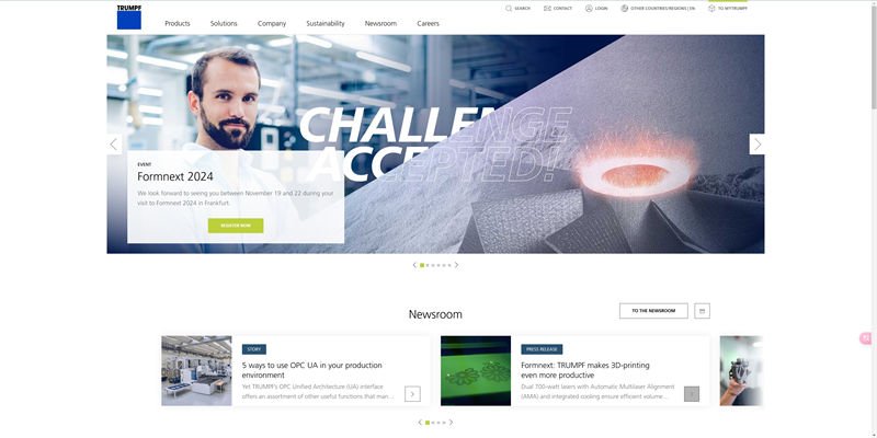 Trumpf's website showcasing a promotional banner for Formnext 2024