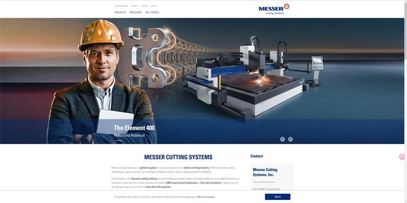 A screenshot from the Messer Cutting Systems website, featuring a smiling male professional holding a metal cutout.
