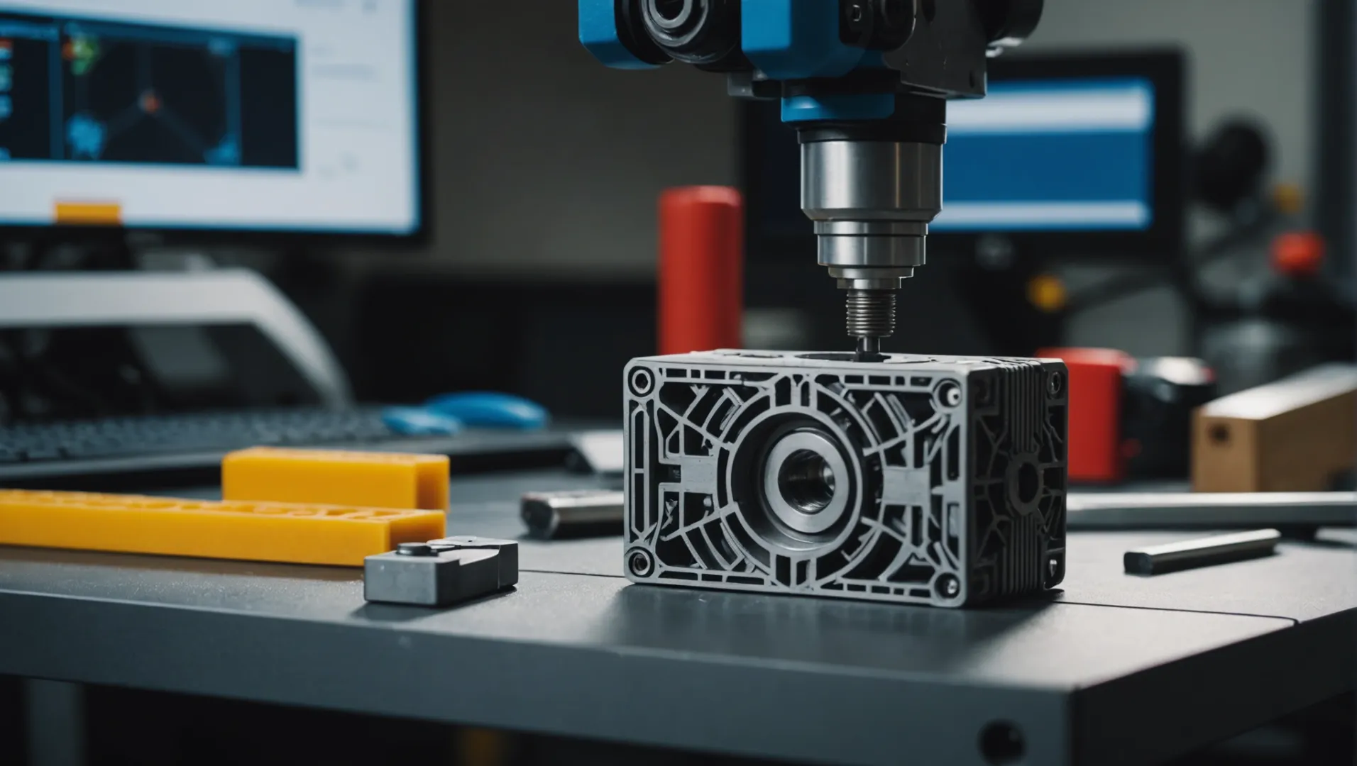 3D Printed Product Quality Close-up of a high-quality 3D printed mechanical part on a workbench