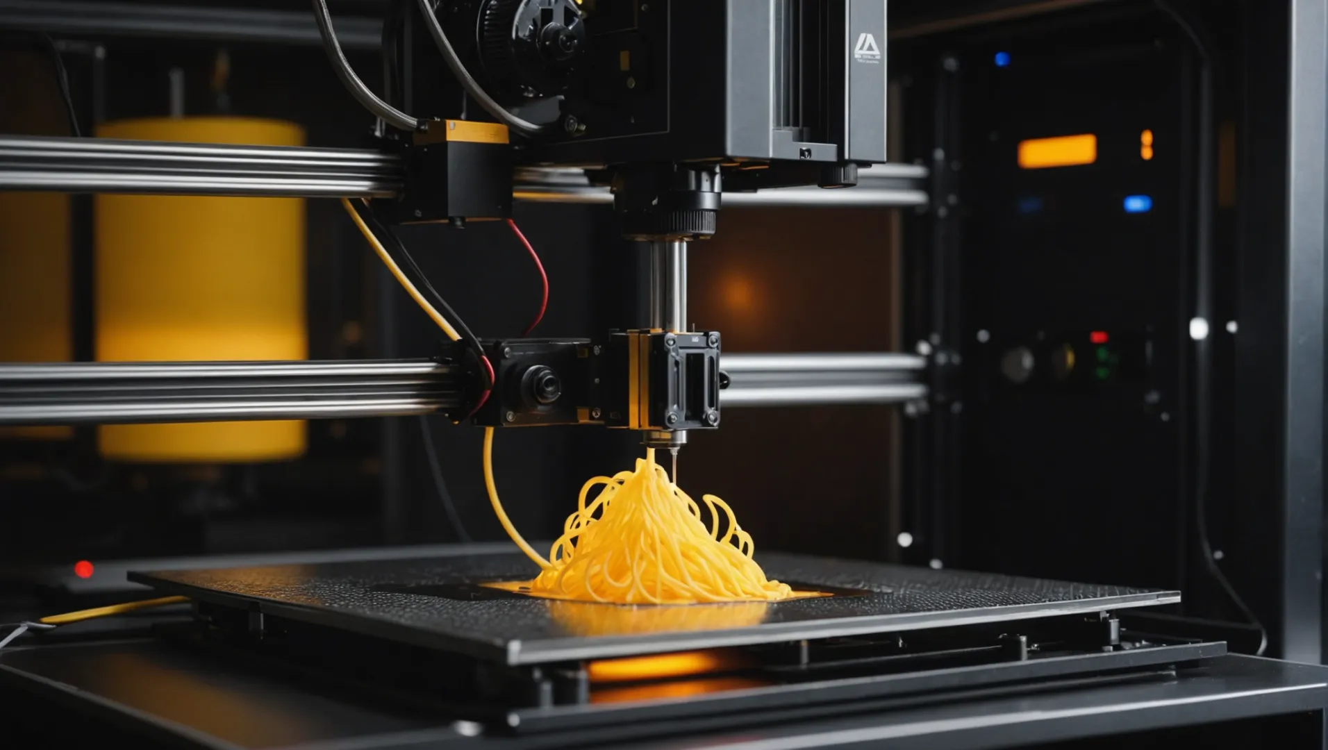 Close-up of a 3D printer working with filament