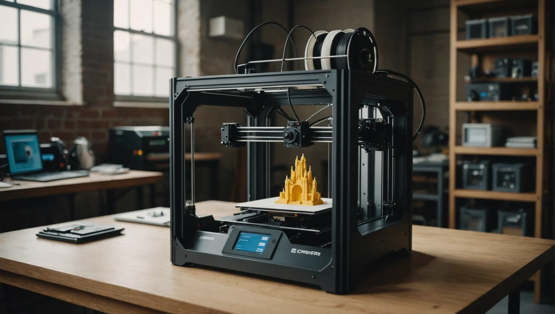 3D printer with a large build volume printing a complex architectural model.