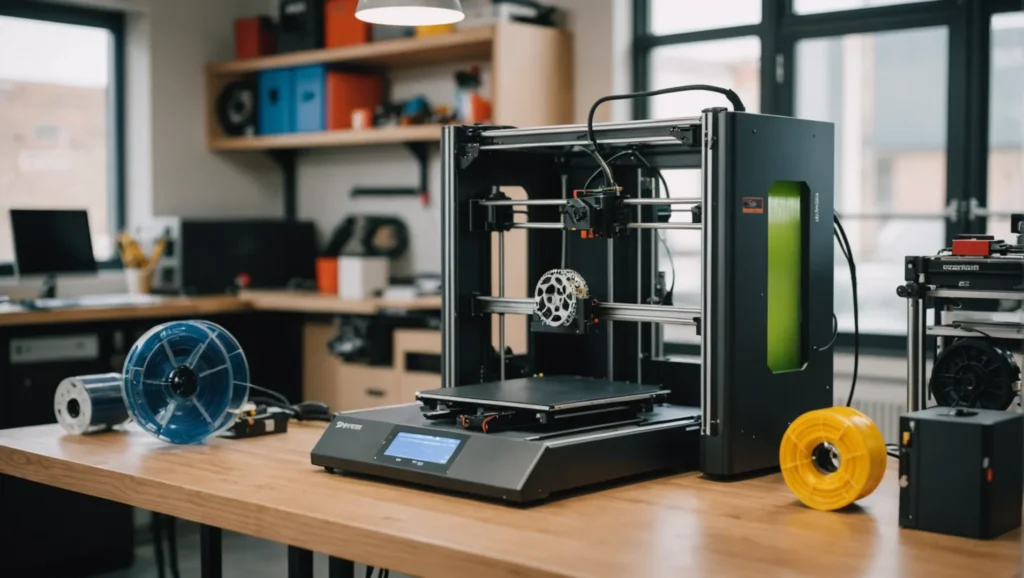 A 3D printer on a desk with various 3D printed objects around it, including small gears, figurines, and prototypes.