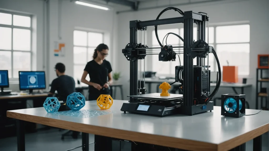 A 3D printer in action with various printed objects around it