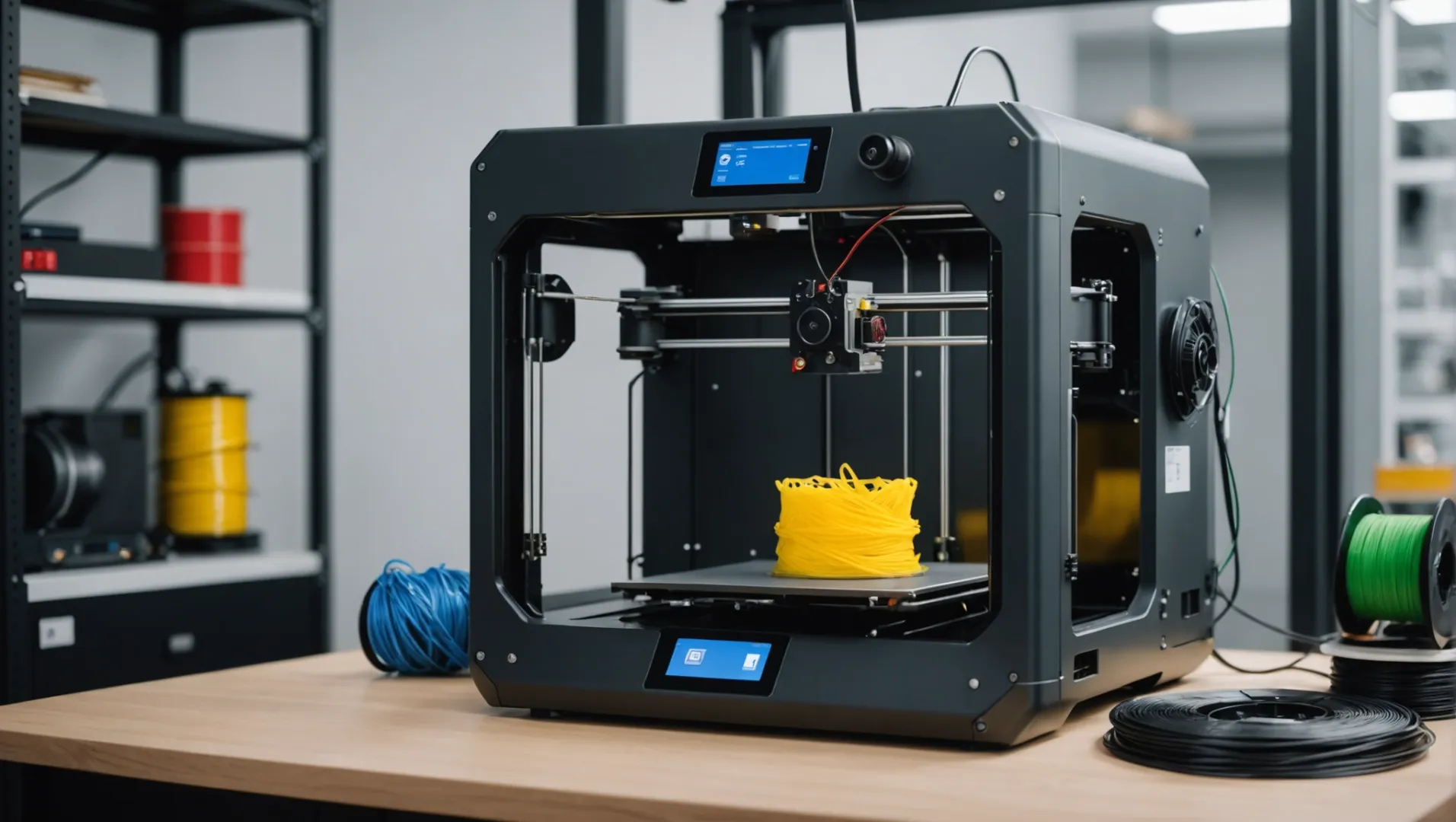 3D printer with different filament materials around it