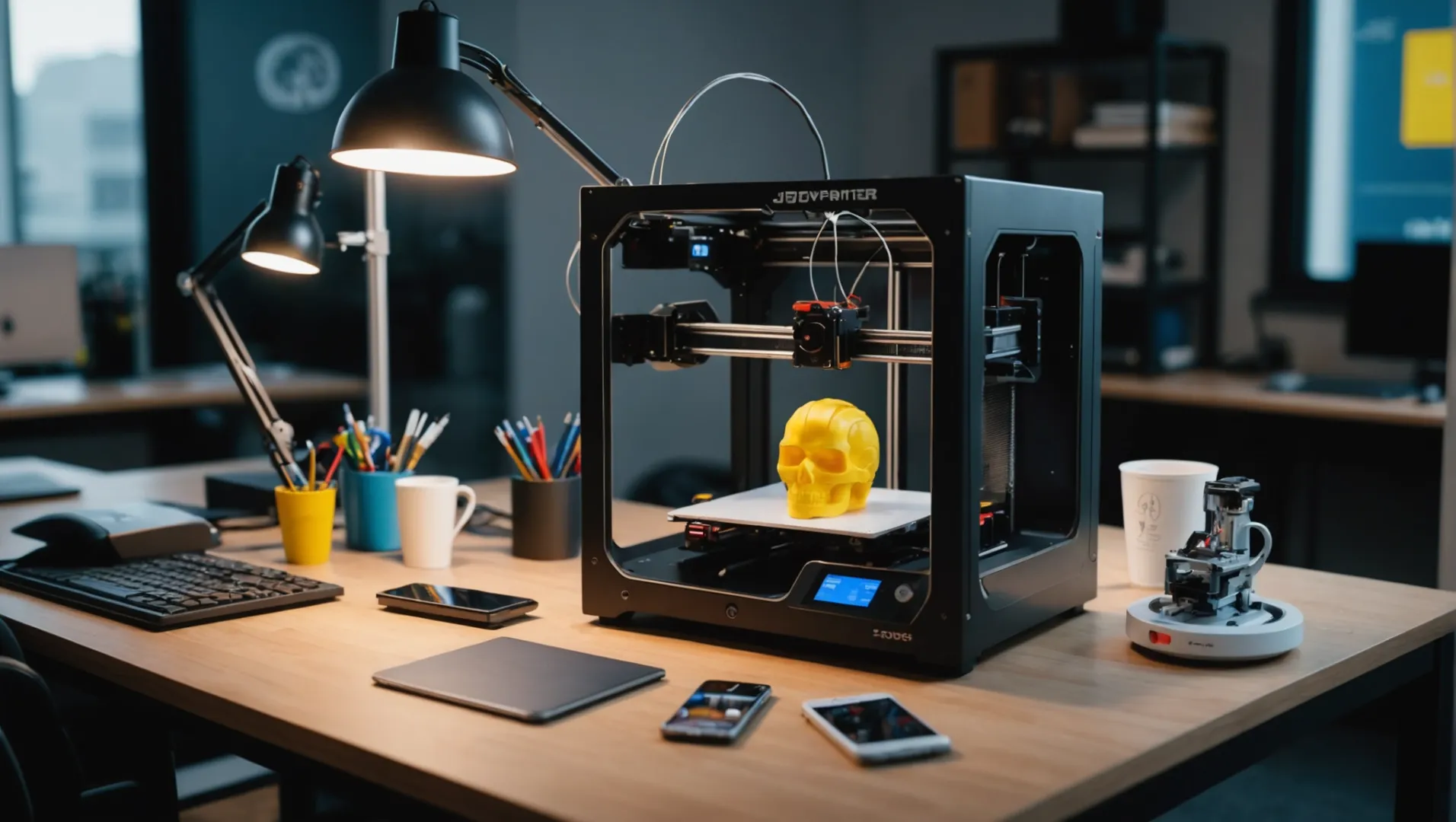 3D printer with various object sizes on the build plate