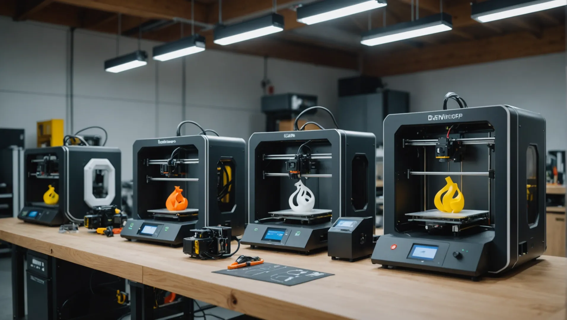 Various 3D printers in a workshop setting showcasing different types and sizes