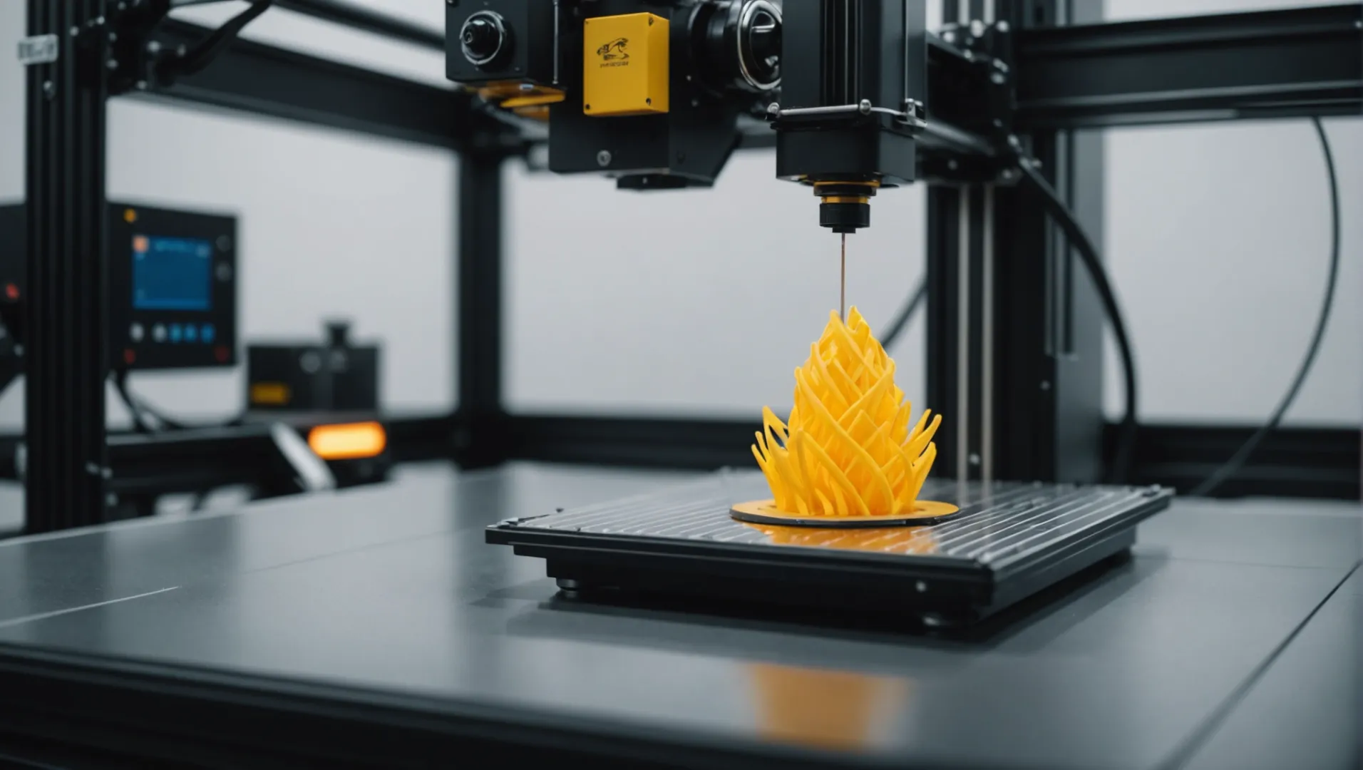 Close-up of a 3D printer in action with visible layers and settings interface