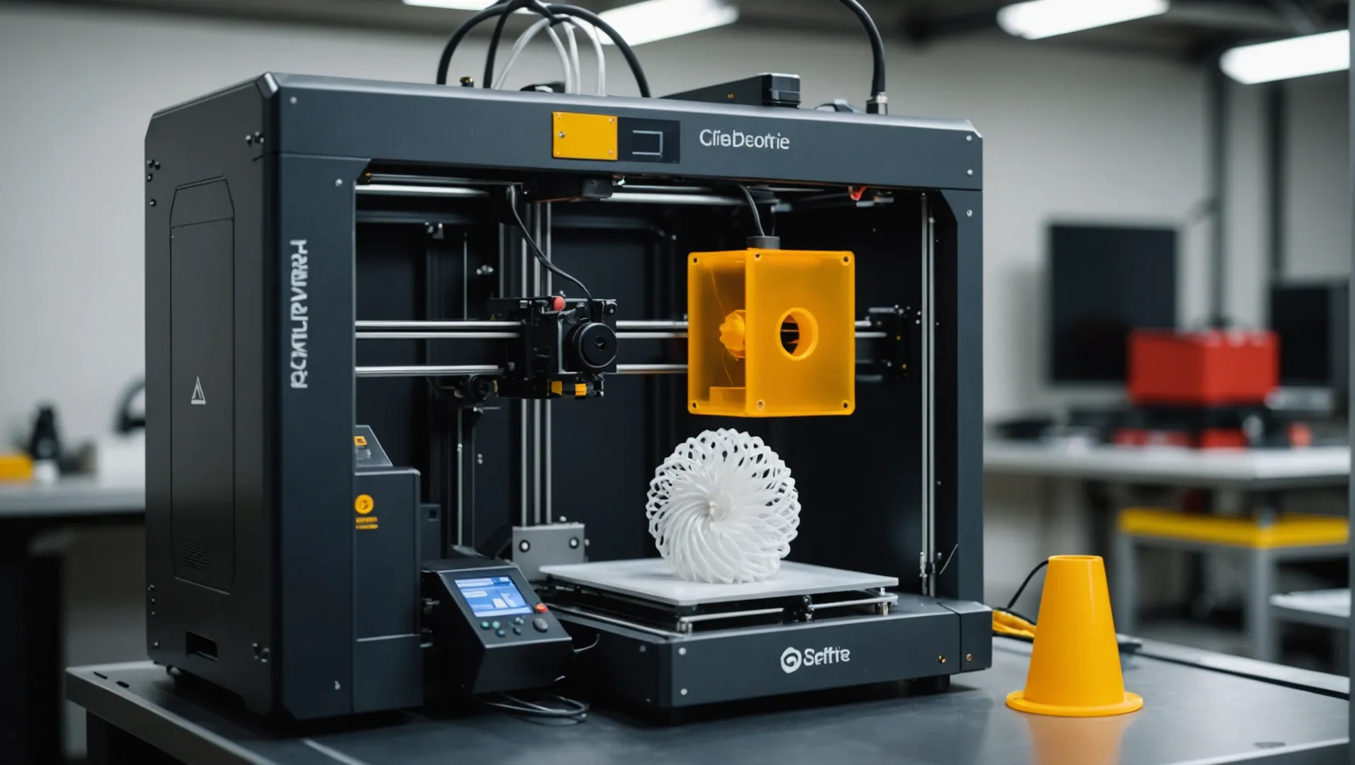 3D printer extruding a model, showcasing nozzle and layer detail