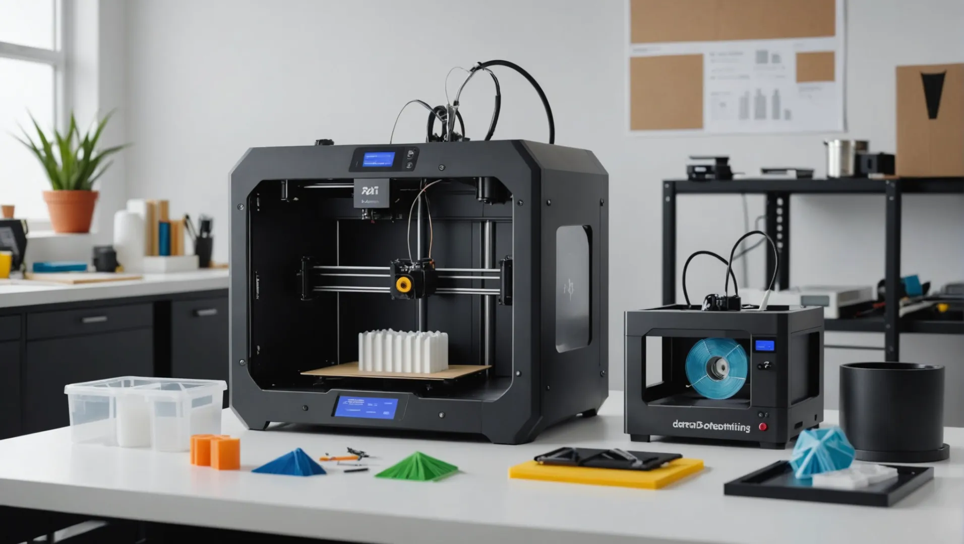 A collage showing 3D printers, prototypes, and a cost-saving chart.