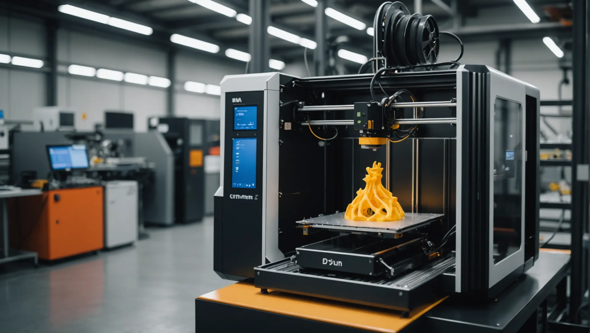 A 3D printer in action, producing a mechanical part with industrial machinery in the background.
