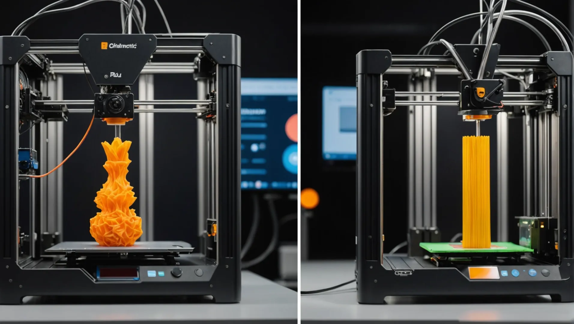 A 3D printer working with different materials like PLA and ABS.