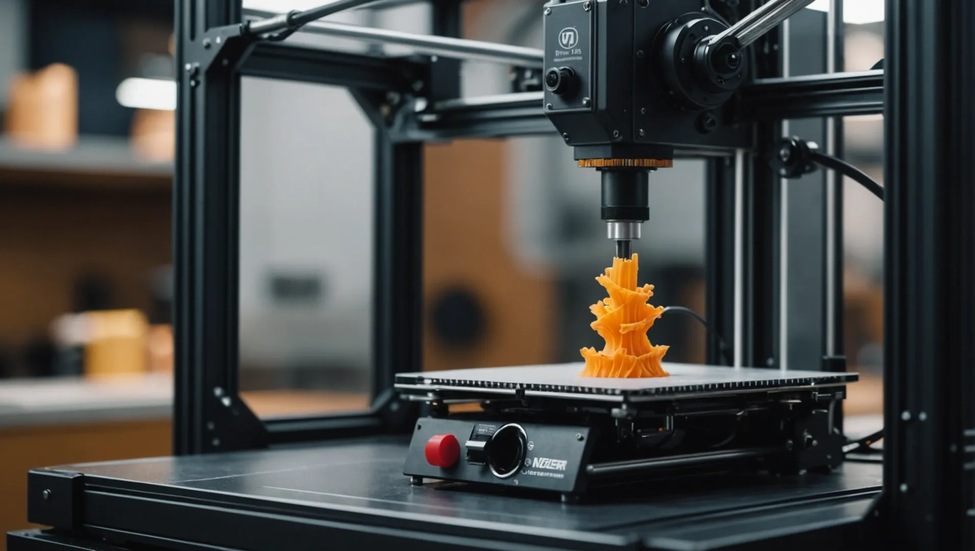 Close-up of a 3D printer nozzle working on a detailed model