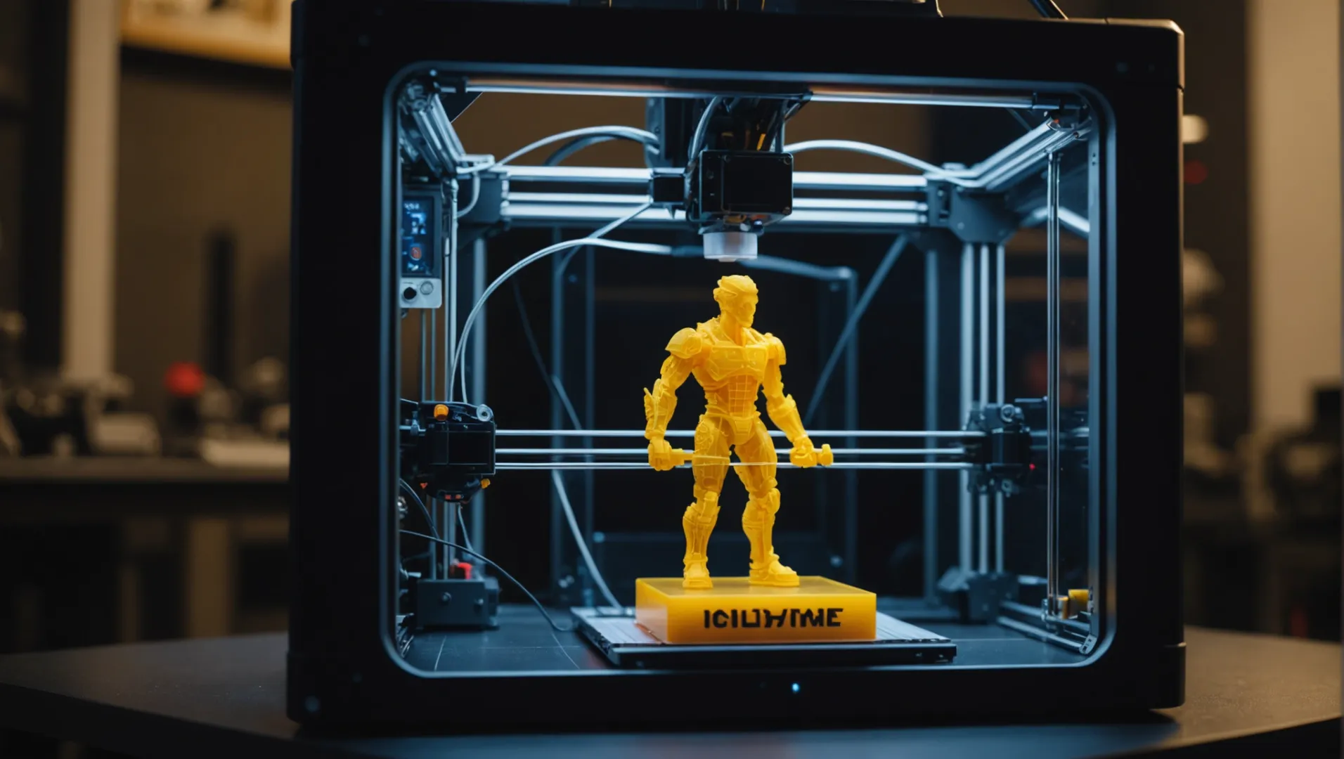 A 3D printer working on a complex object, showing varying layers and materials