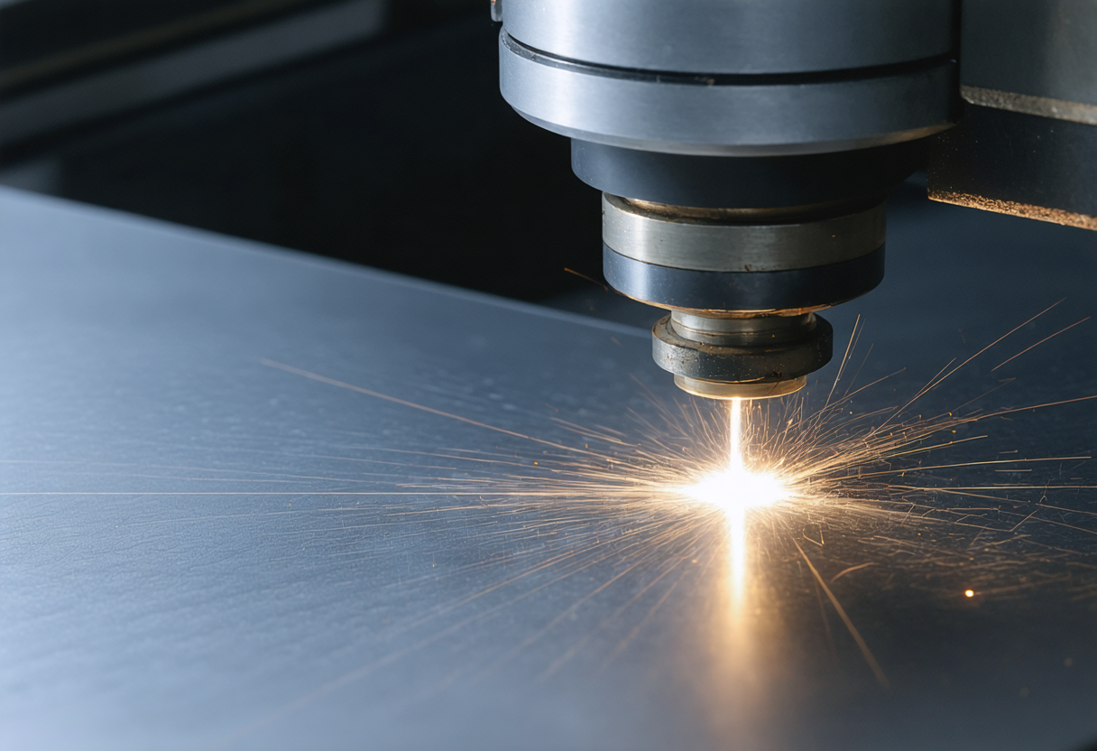 Close-up of a laser cutting tool engaged in cutting a metal sheet, emitting a bright, focused spark along with scattered smaller sparks.