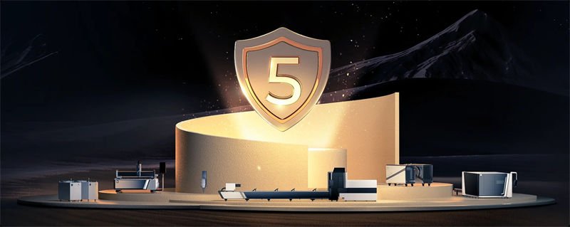 A golden shield with the number "5" surrounded by various advanced Bodor laser cutting machines, representing a premium product warranty