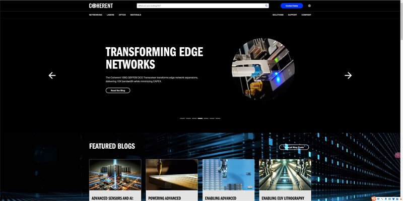 Homepage of Coherent website featuring advanced network transformation technologies.
