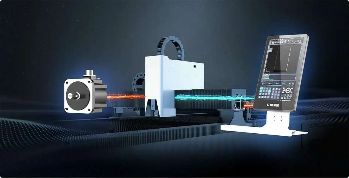 A Gweike laser cutting system showcasing the laser head, stepper motor, and control panel interface