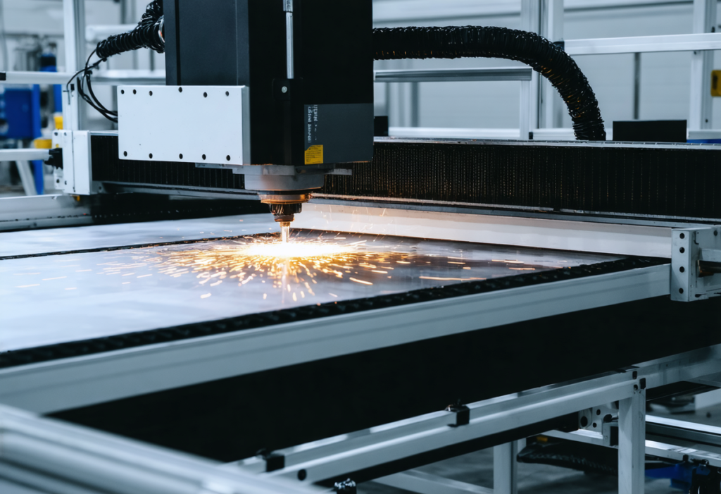 A laser cutting machine operates on a large metal sheet, emitting bright sparks as it precisely cuts the material.