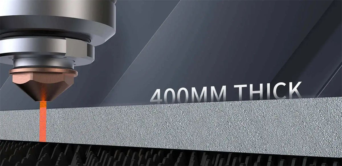 A laser cutter cutting through a 400mm thick metal plate with precision, showcasing advanced capabilities