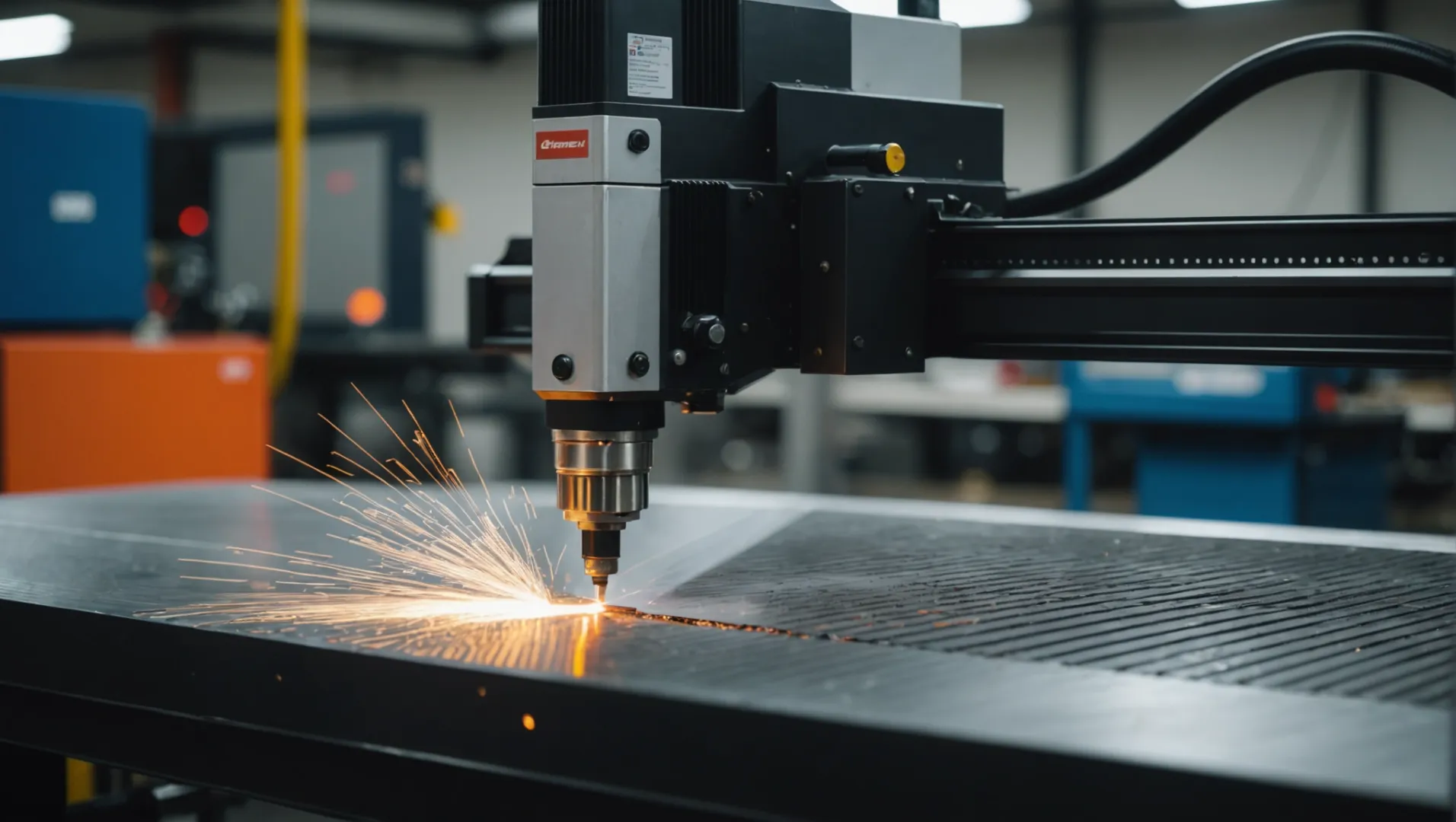 Laser cutting process using air on a sheet of metal, highlighting the sparks and clean edges.