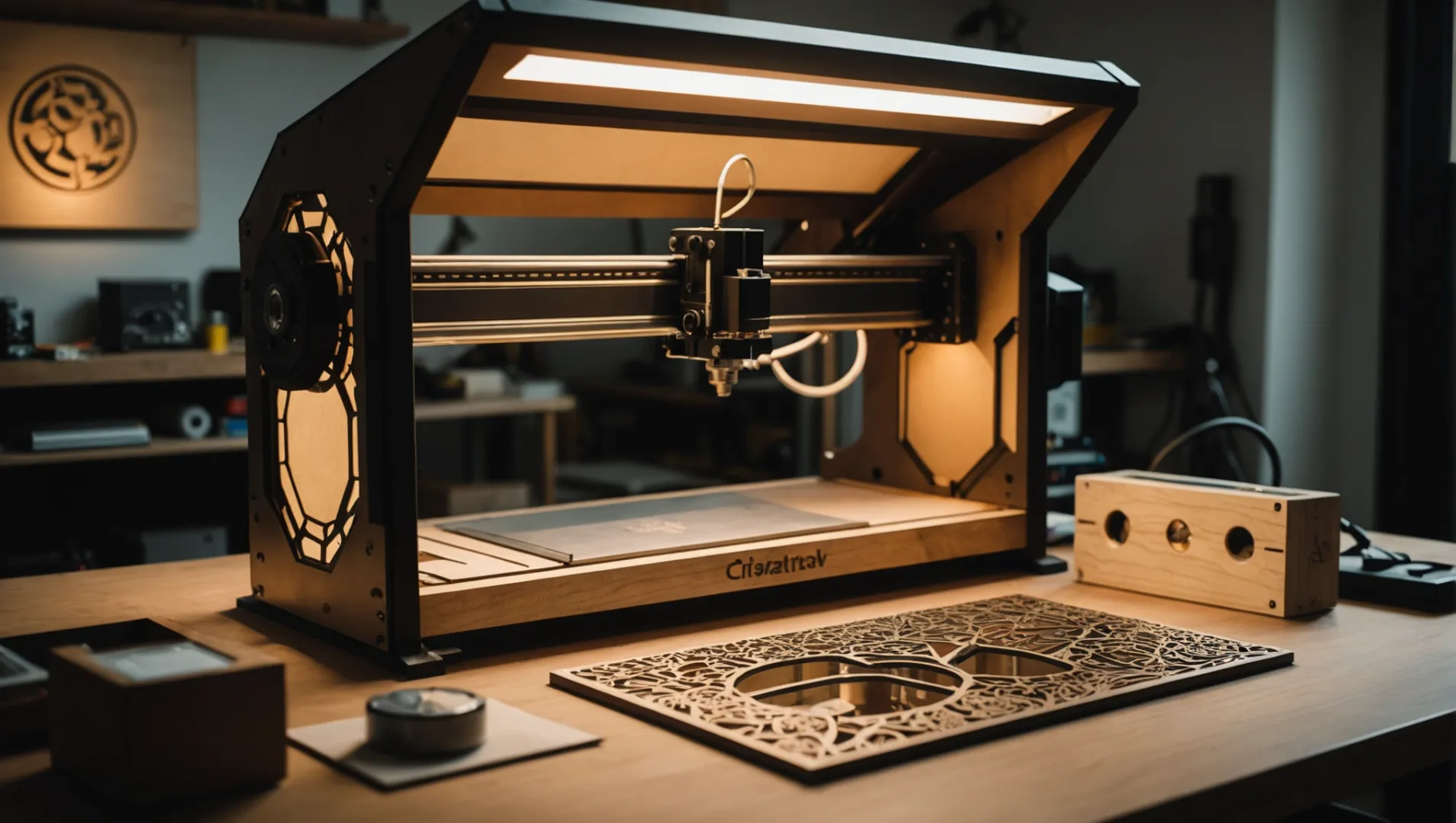 A collage of materials cut by a laser cutter, including wood, acrylic, leather, and metal.