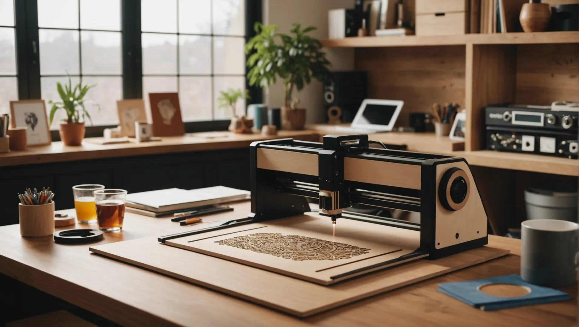 At-Home Laser Cutter Setup Home workspace with laser cutter machine and crafting materials