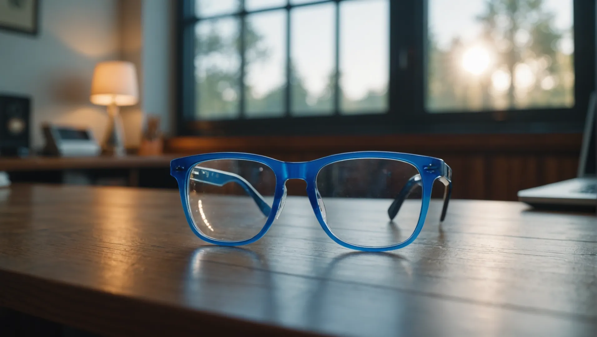 Blue light blocking glasses on a desk with a computer screen in the background