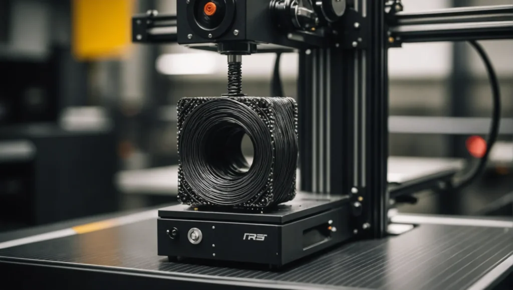 Close-up of 3D printer nozzle with carbon fiber filament