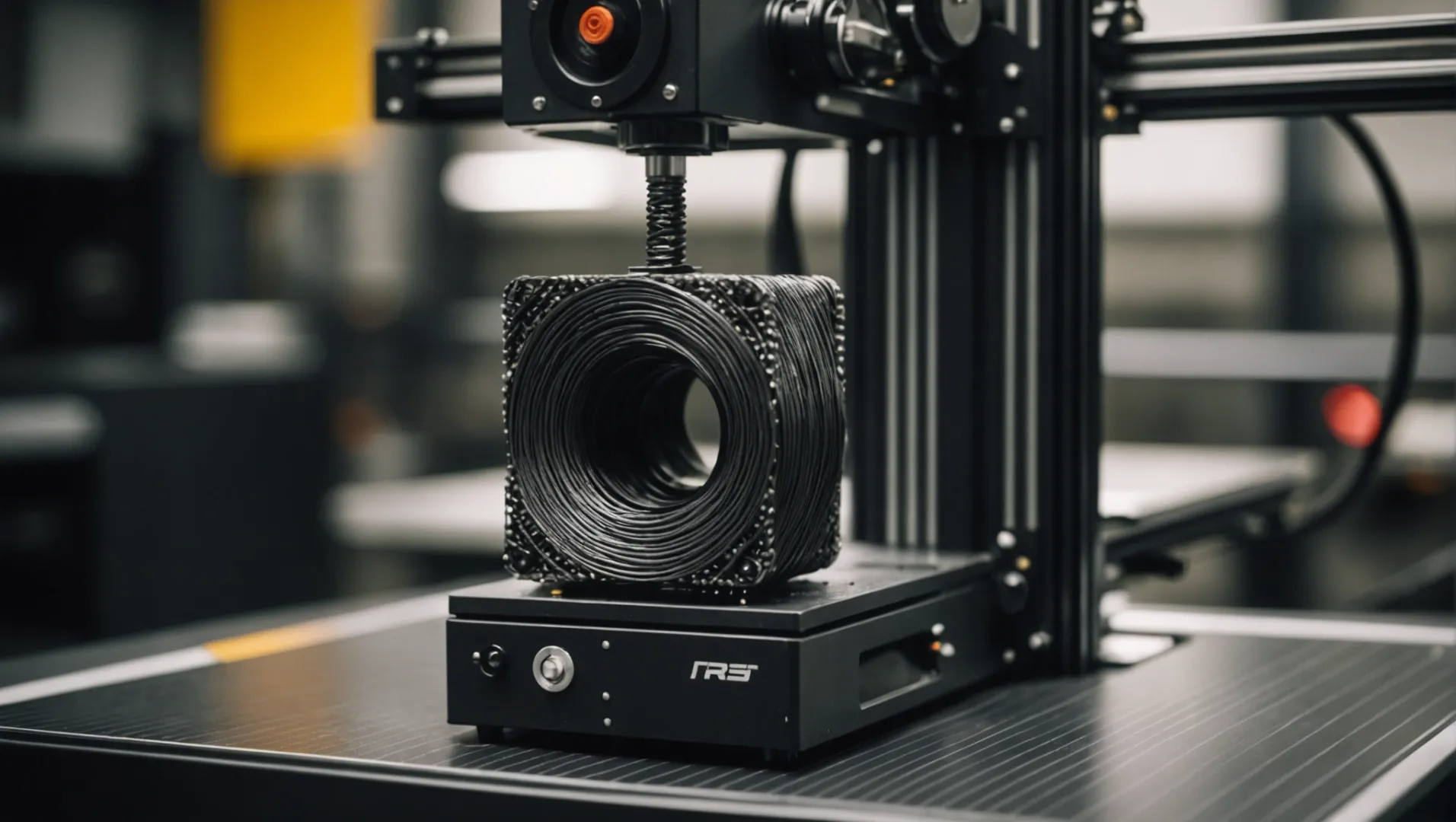 Close-up of 3D printer nozzle with carbon fiber filament