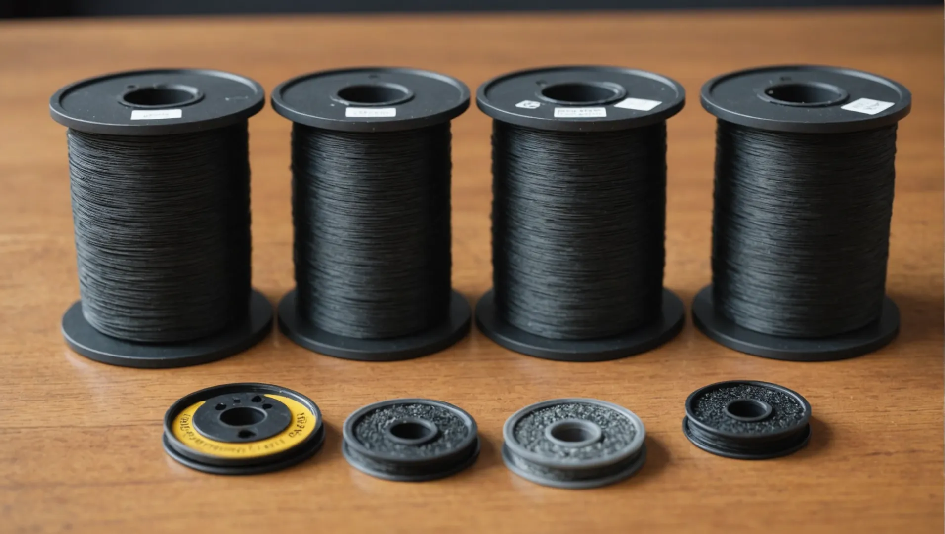 Various types of carbon fiber filaments for 3D printing displayed on a table.