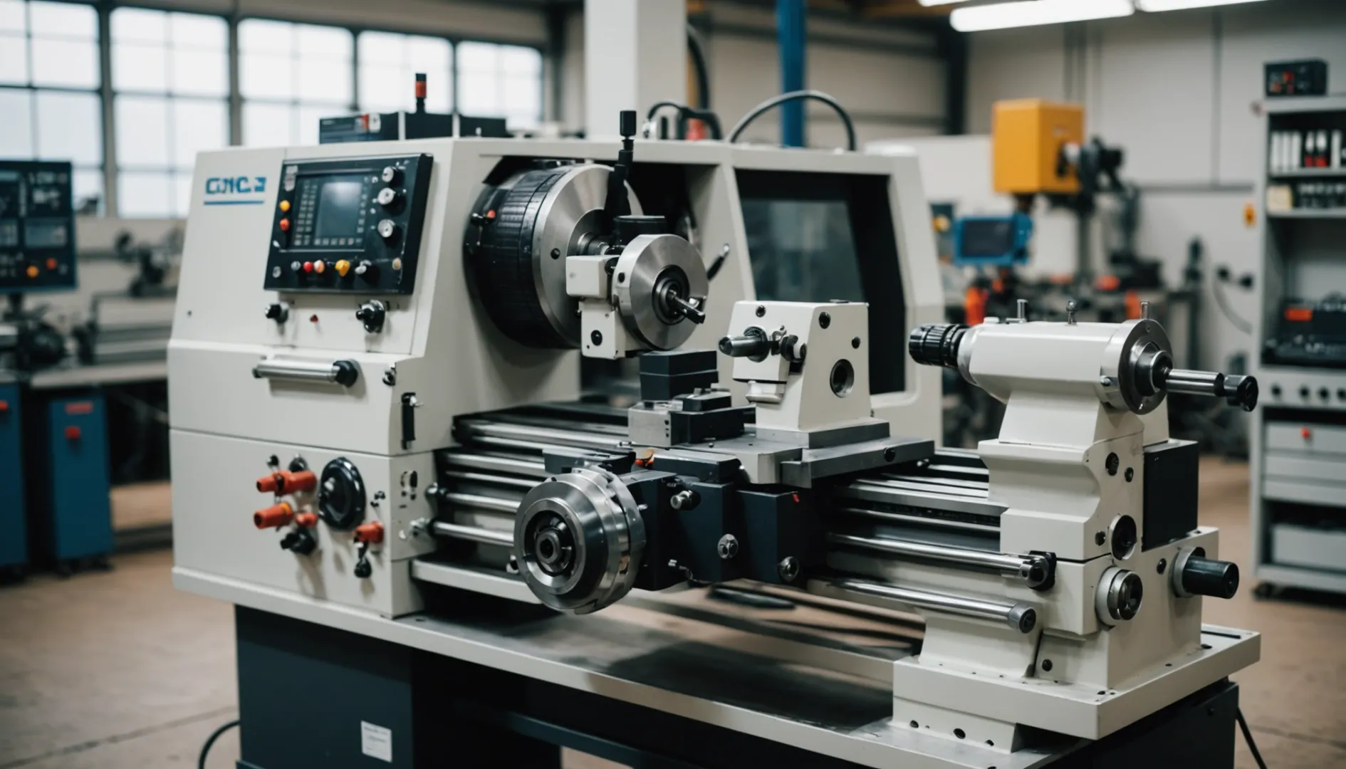 A modern CNC lathe machine in a workshop