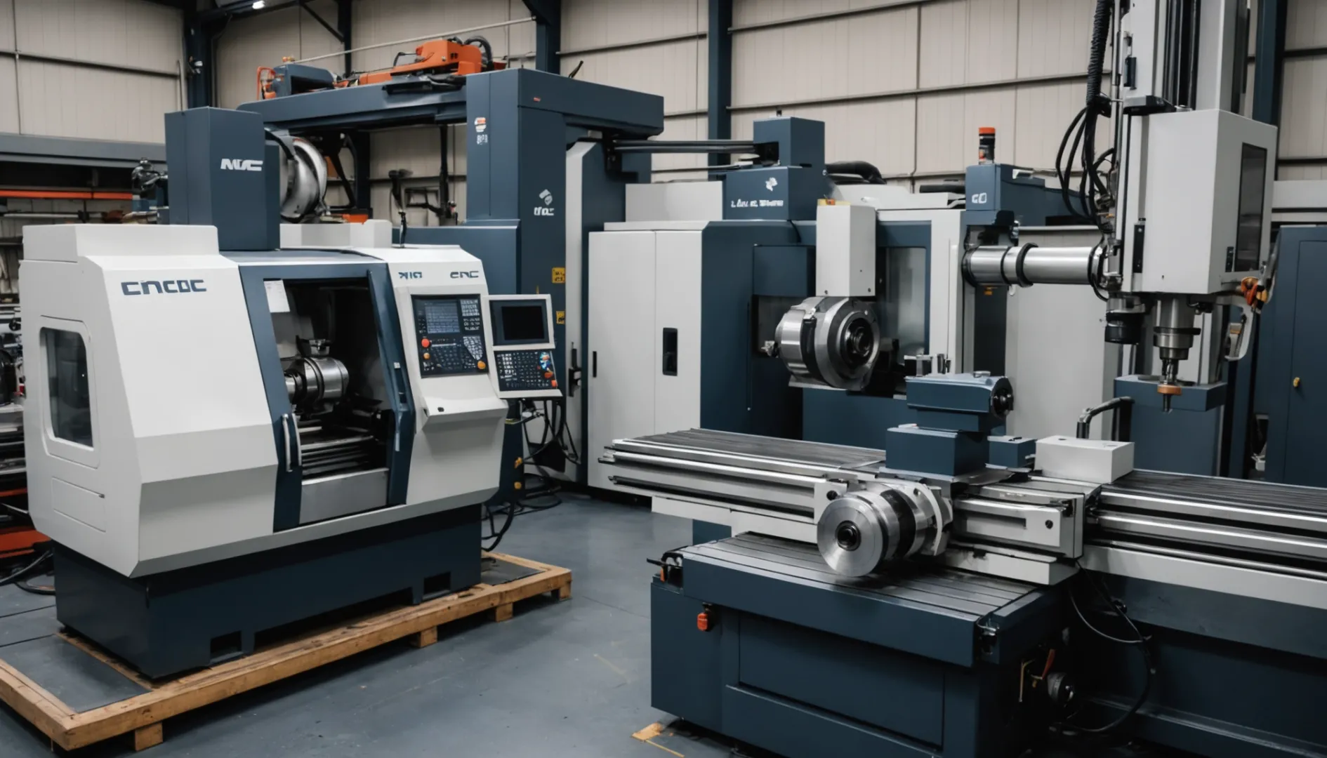 A CNC lathe and a CNC milling machine in a workshop
