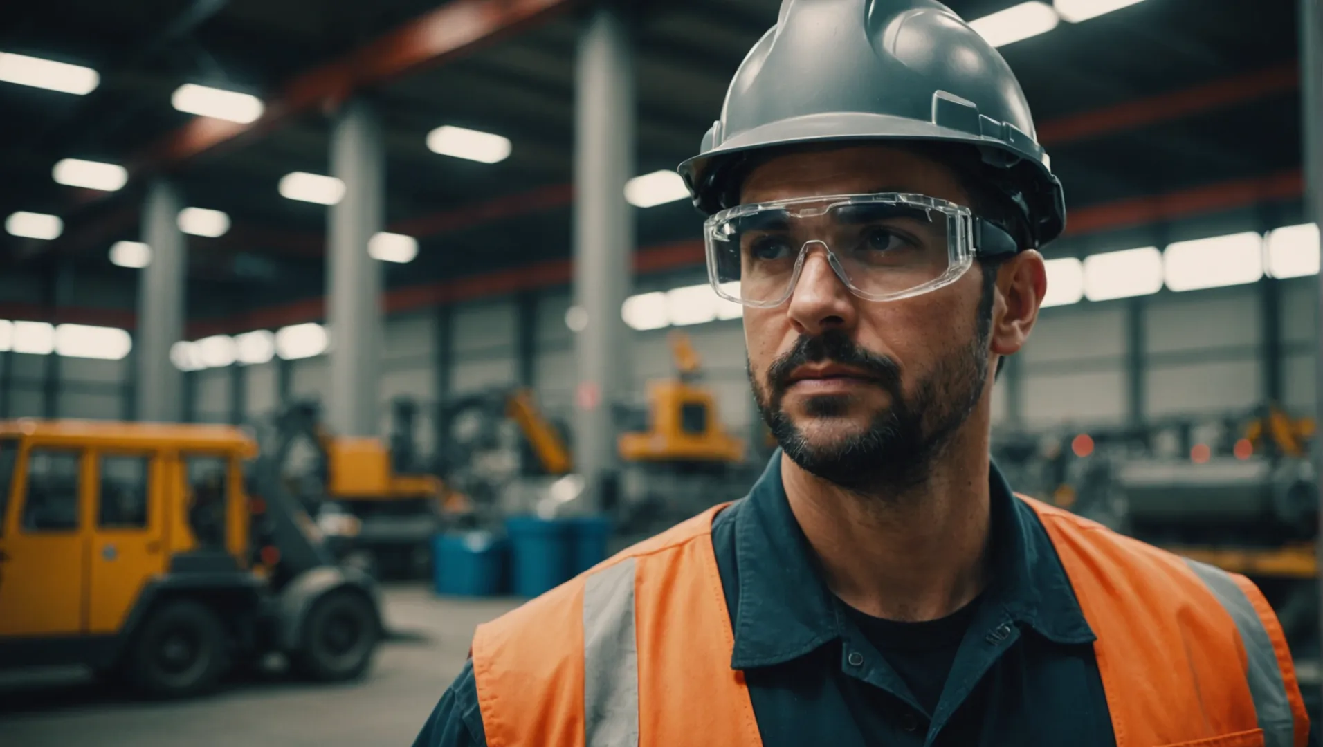 A worker wearing comfortable protective eyewear in an industrial setting