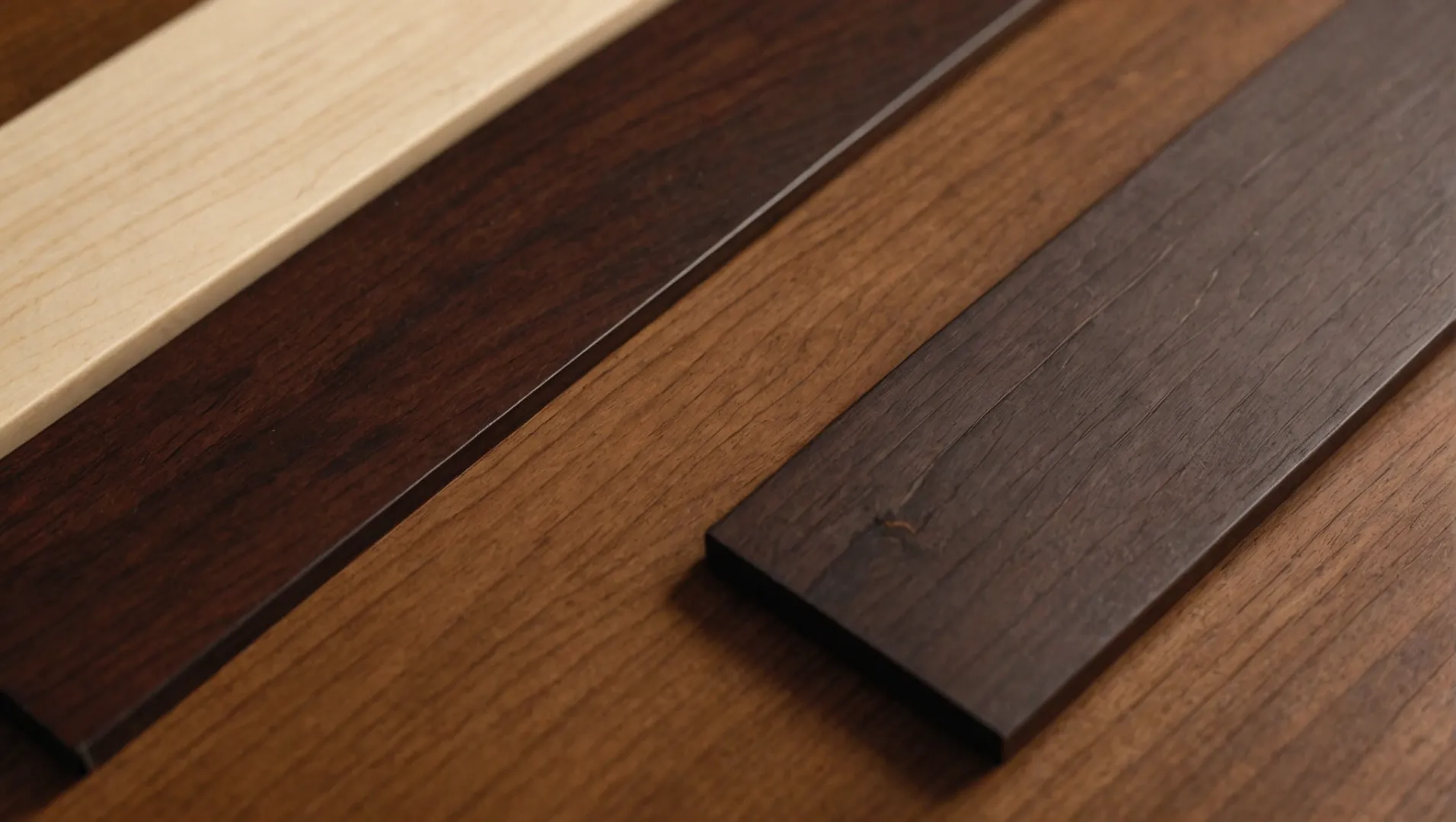 Wooden planks of maple, cherry, and walnut showcasing color contrast