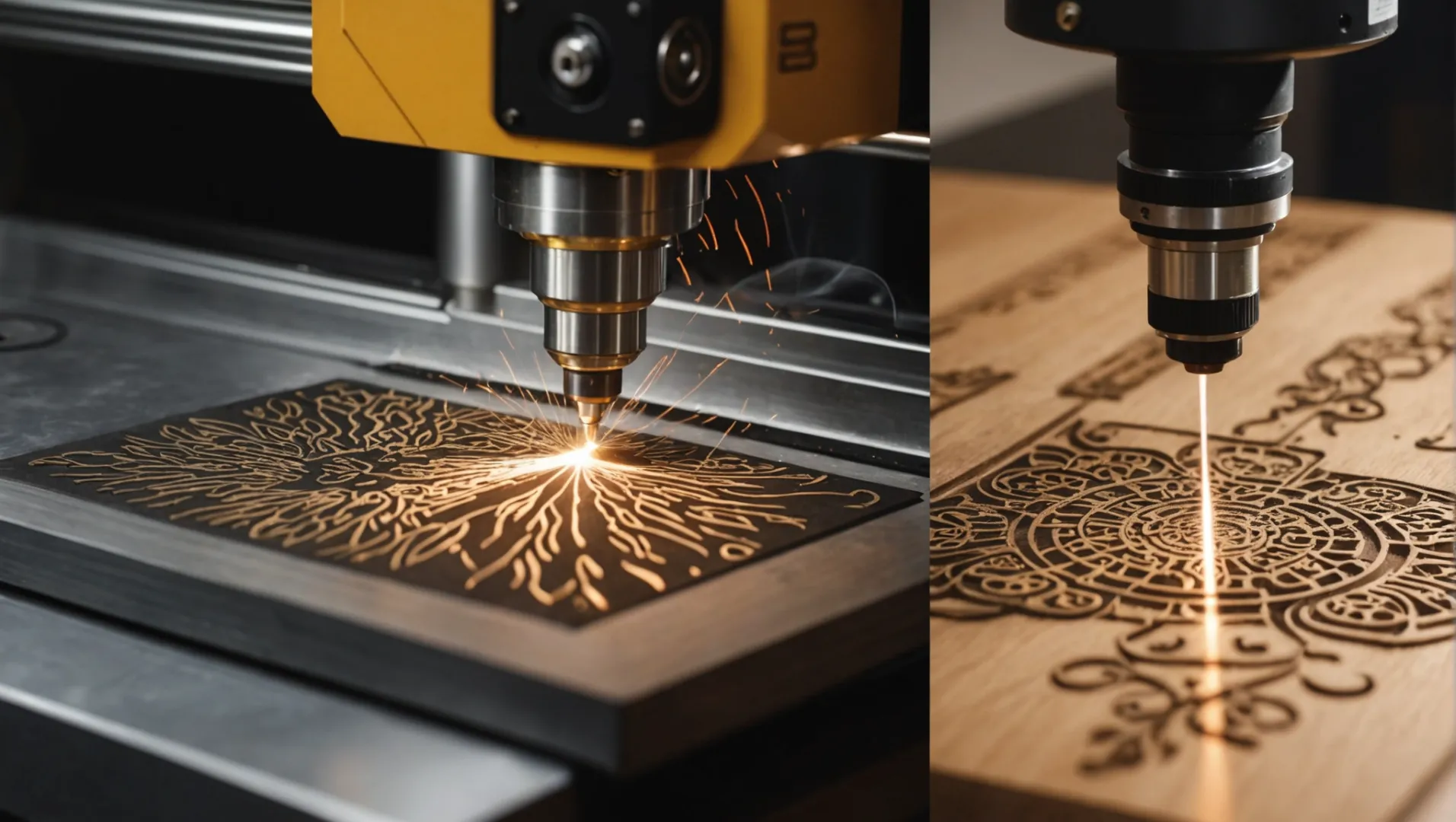 A side-by-side comparison of laser cutting and engraving on metal and wood.
