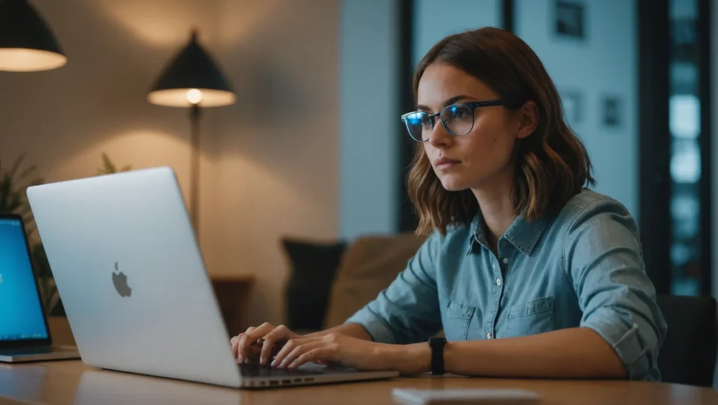 A woman wearing blue light blocking glasses while working on a laptop