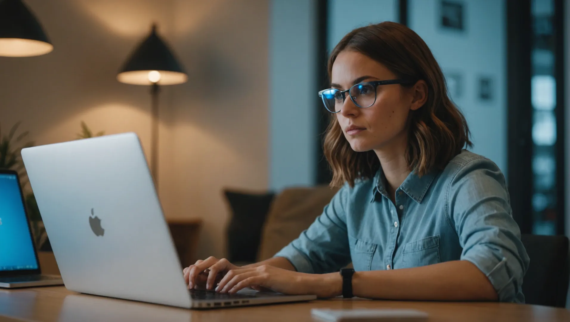 A woman wearing blue light blocking glasses while working on a laptop