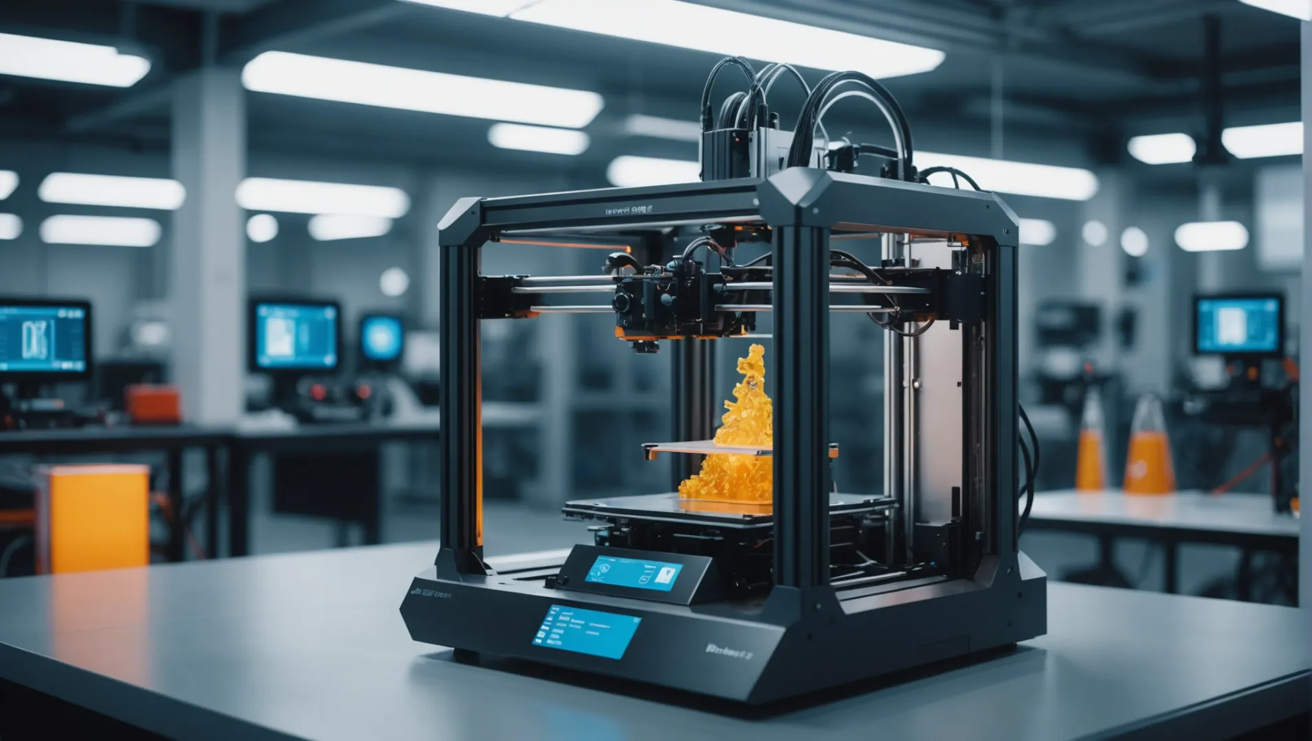 A futuristic 3D printer with holographic interface in a modern lab