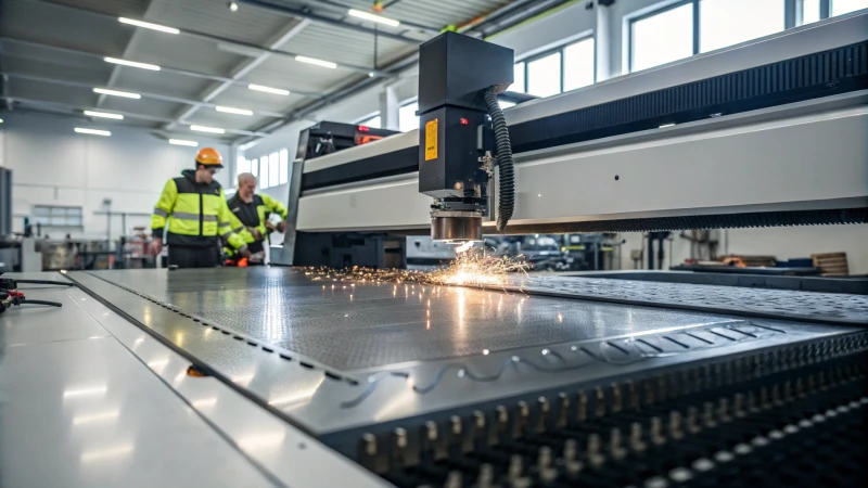 A high-tech HSG laser cutter operating in a modern factory setting