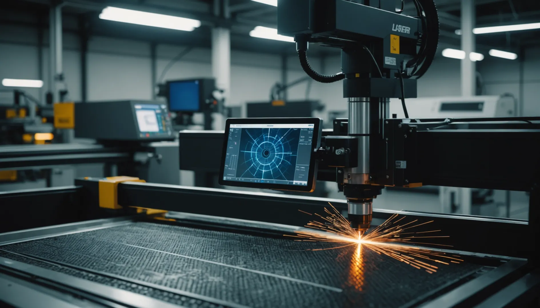 Laser cutting machine in action with engineers monitoring screens