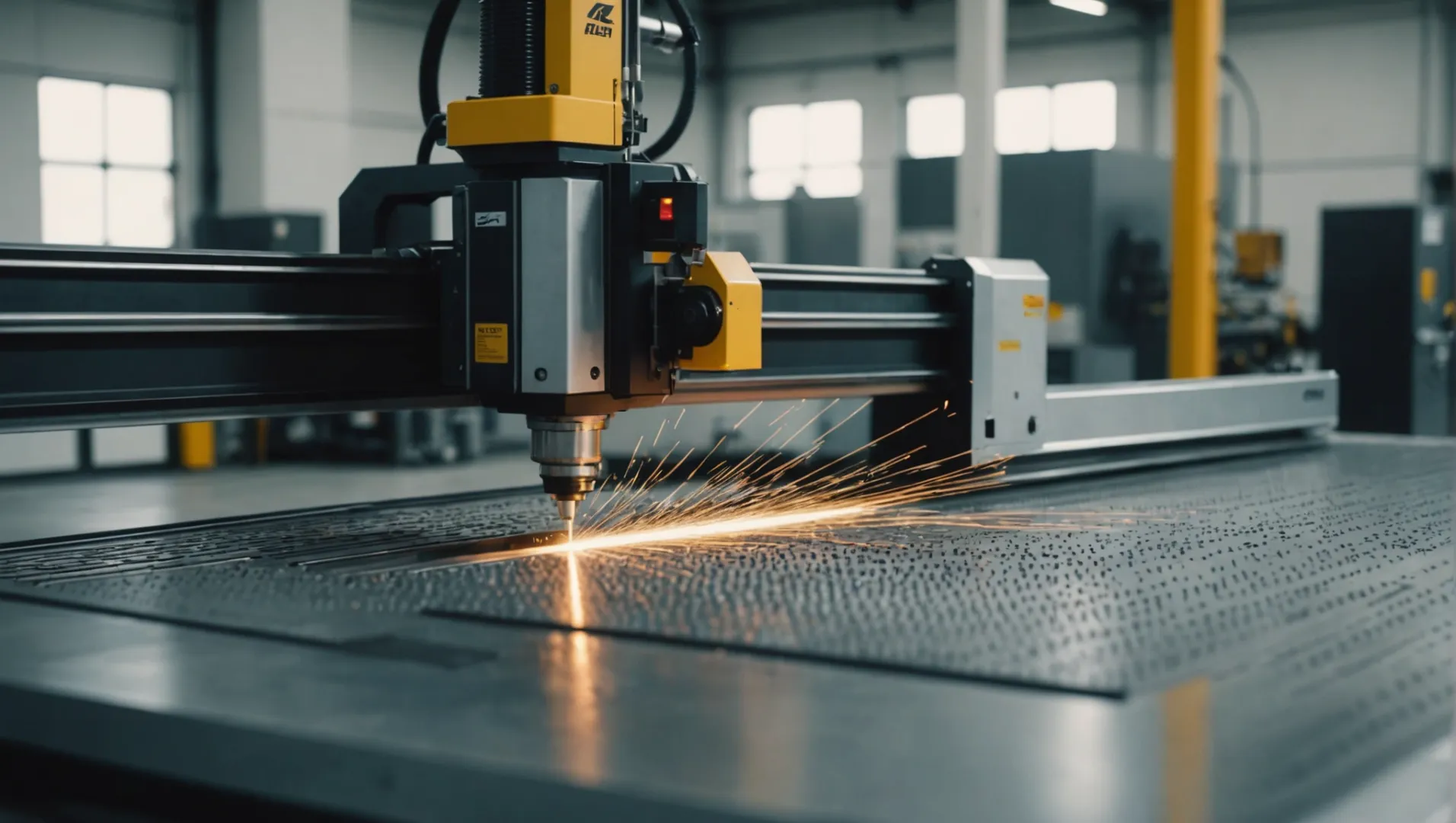 Industrial Laser Cutting Machine Industrial laser cutting machine operating on a metal sheet