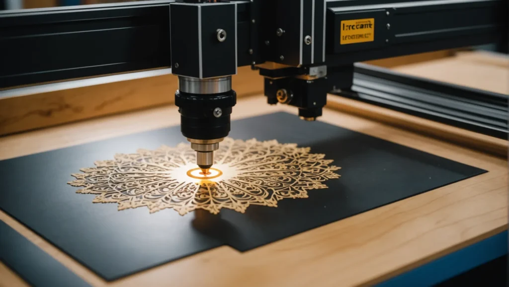 Laser cutter in action cutting and engraving wood